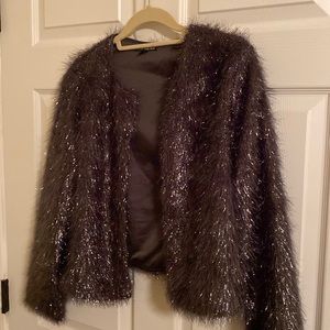 Express Shimmer faux “fur” grey/silver crop jacket size medium like new